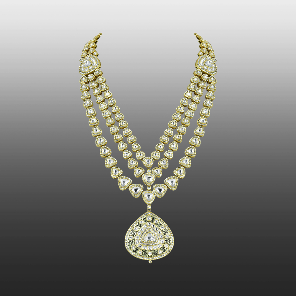 Layered Bridal Polki Necklace with Intricate Pendant
